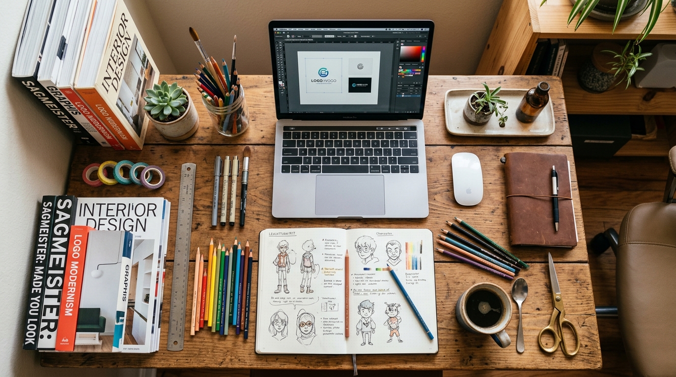 Creative workspace with a laptop, sketches, and design tools